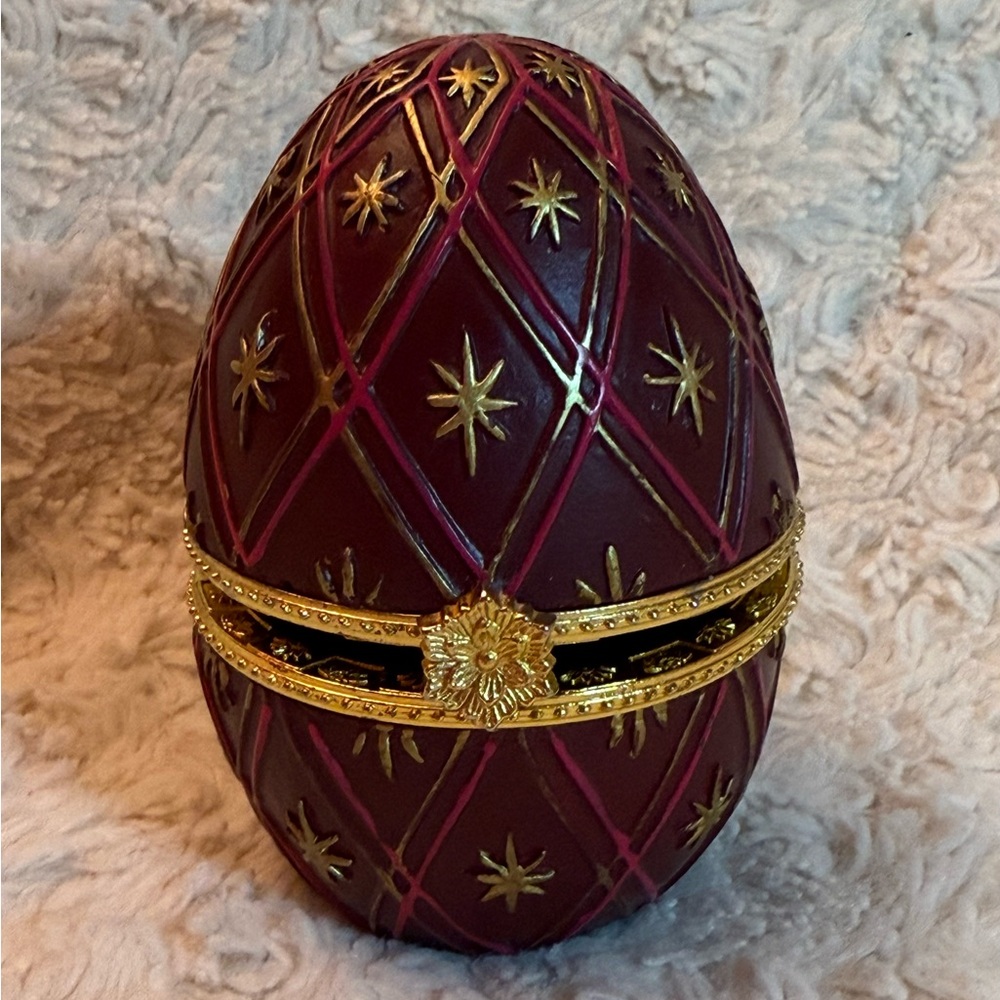 Vintage Faberge Style Egg Trinket Box Painted Red & Gold. 3.5" T x 3" W